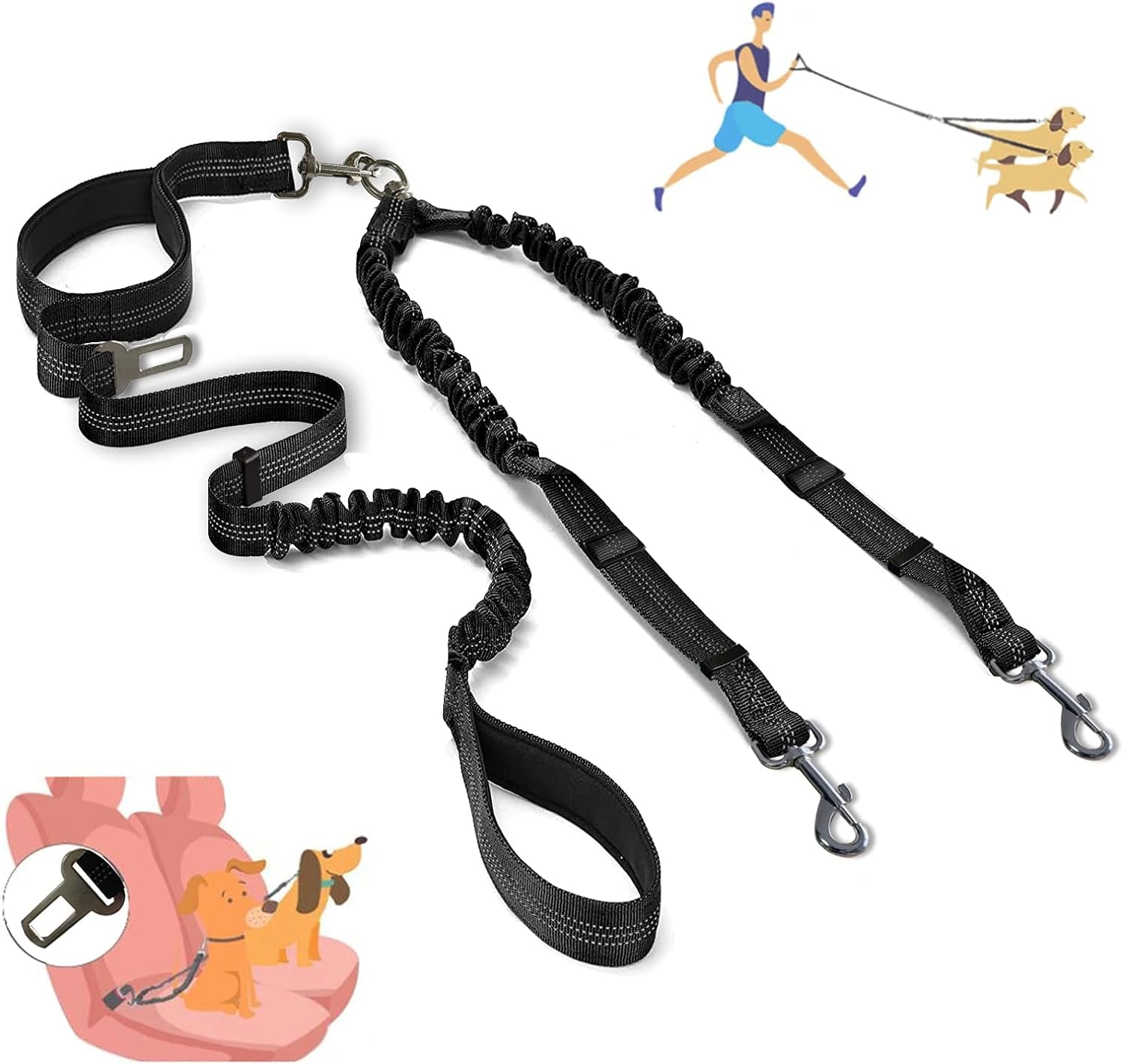 Double Dog Leash - Dual 360 No Tangle Two Dogs Leash for Small to Large Dogs - Adjustable, Tangle Free (Black)