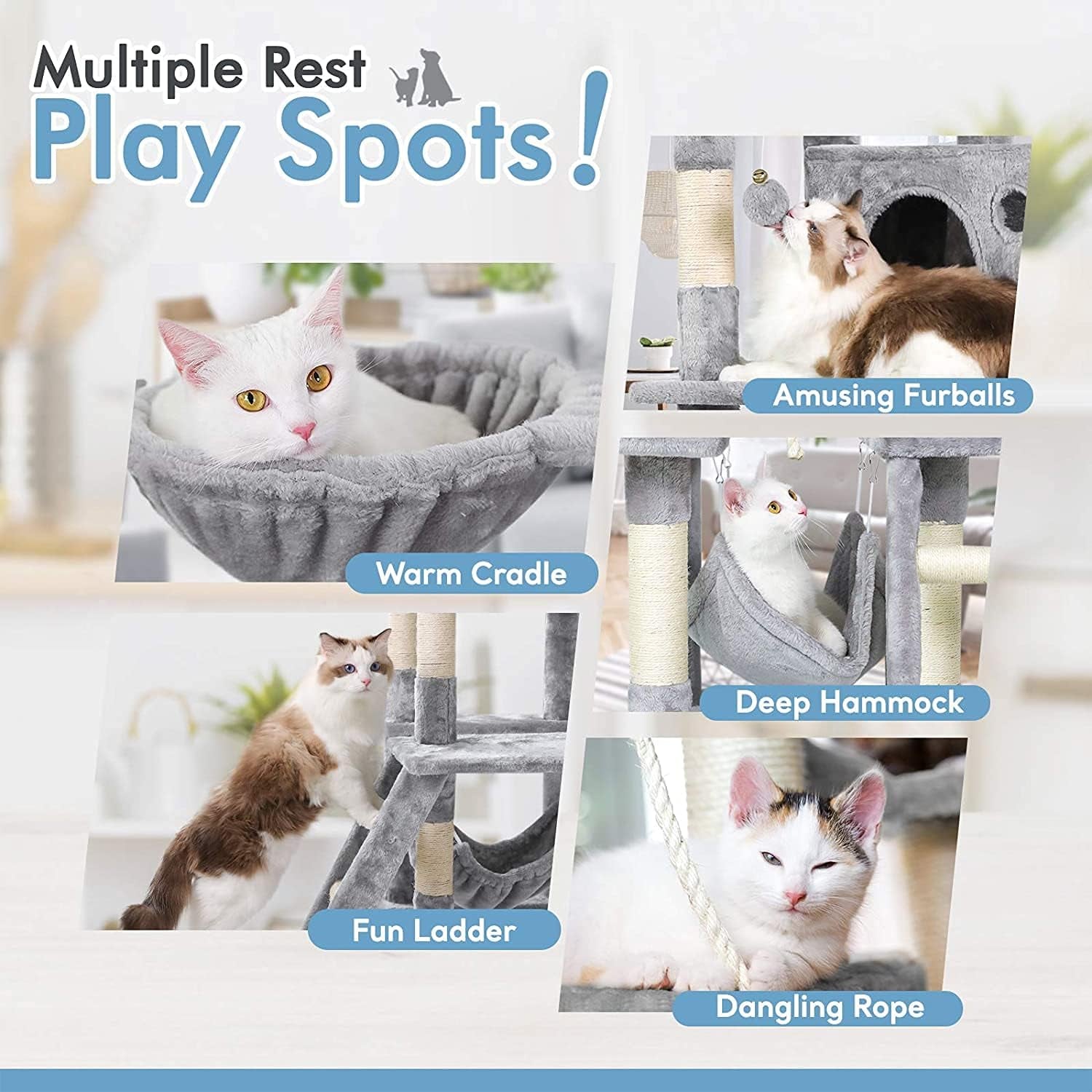 Cat Tree Cat Tower 61" for Indoor Cats, Multi-Level Cat Condo with Hammock & Scratching Posts for Kittens, Tall Cat Climbing Stand with Plush Perch & Toys for Play Rest, Light Grey