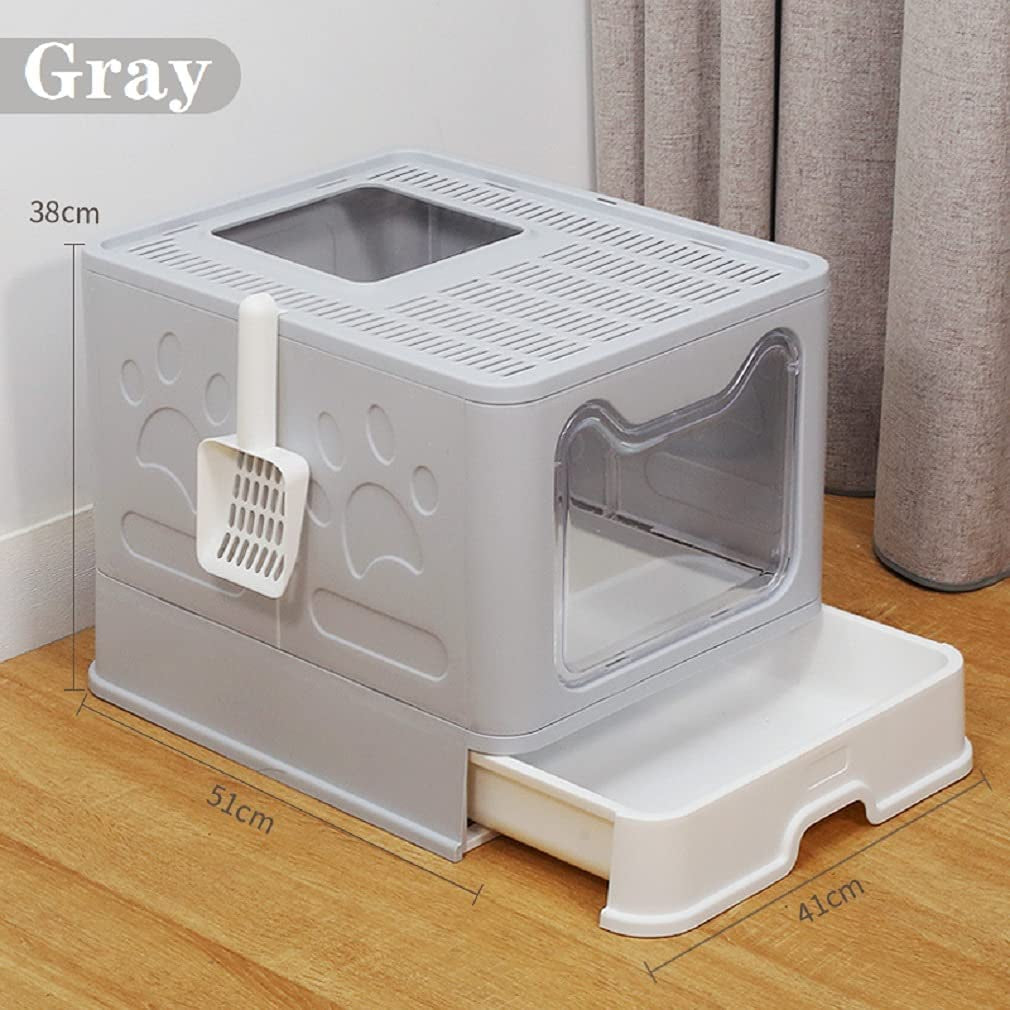 Large Cat Litter Box with Lid, Foldable Cat Litter Box With Cat Litter Scoop, Drawer Type Cat Litter Pan Easy to Scoop & Clean, Self Cleaning Cat Litter Box (Gray)
