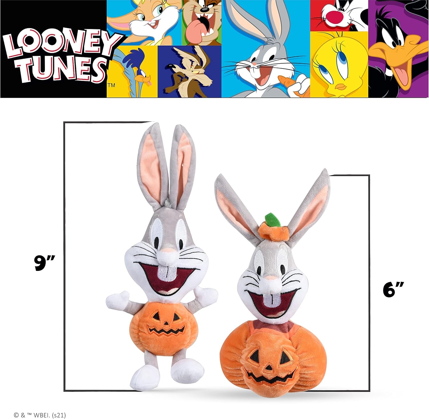 Bugs Bunny Halloween Big Head Pumpkin Plush Dog Toy | Medium Squeaky Dog Chew Toy, 9 Inch, (FF16973)