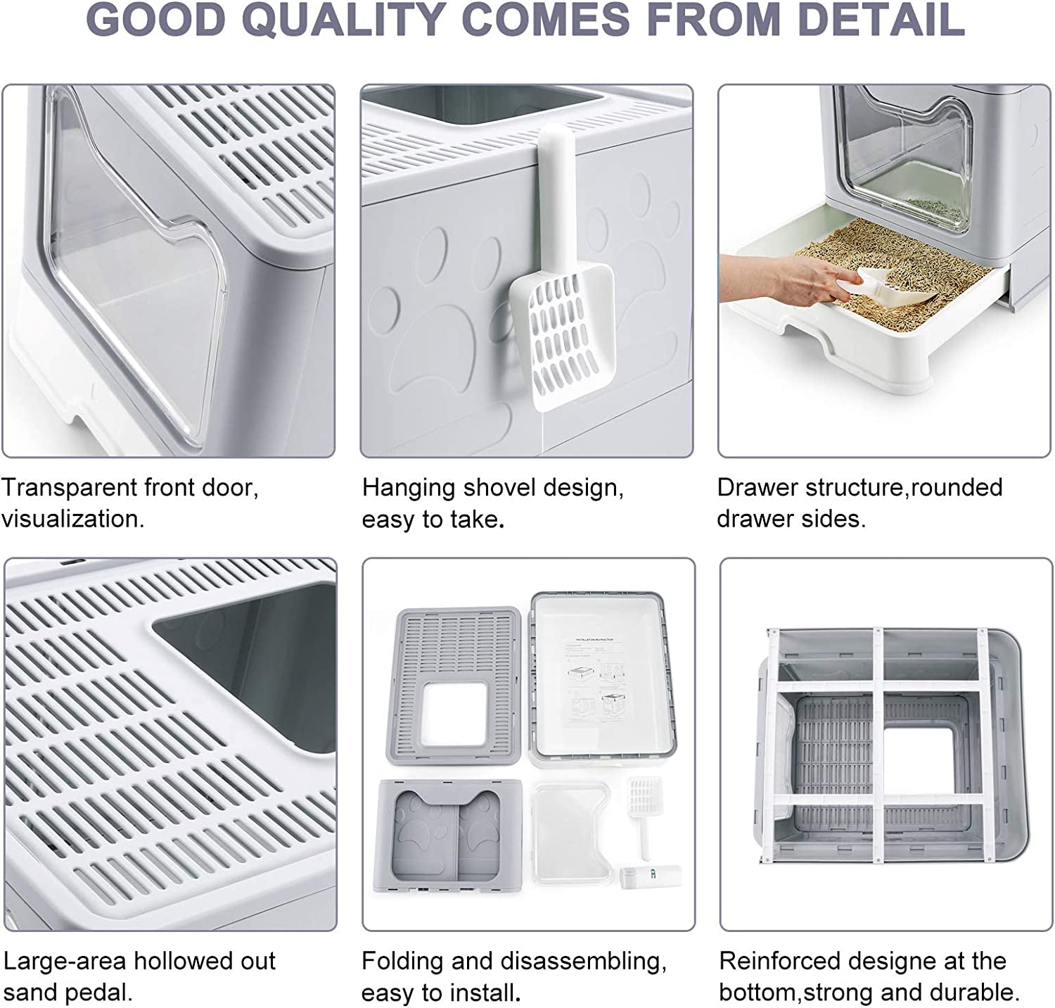 Large Cat Litter Box with Lid, Foldable Cat Litter Box With Cat Litter Scoop, Drawer Type Cat Litter Pan Easy to Scoop & Clean, Self Cleaning Cat Litter Box (Gray)