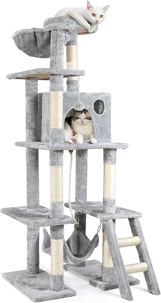 Cat Tree Cat Tower 61" for Indoor Cats, Multi-Level Cat Condo with Hammock & Scratching Posts for Kittens, Tall Cat Climbing Stand with Plush Perch & Toys for Play Rest, Light Grey