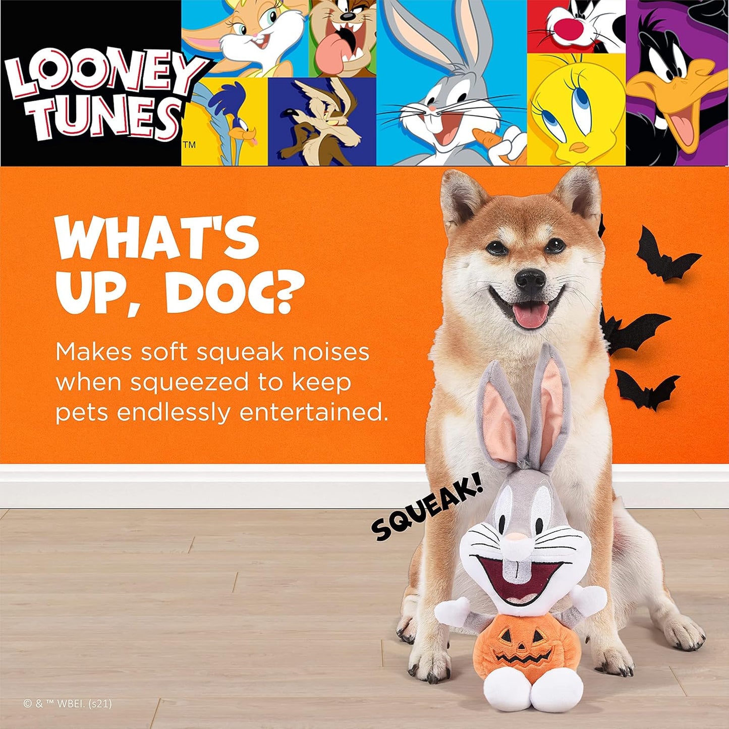 Bugs Bunny Halloween Big Head Pumpkin Plush Dog Toy | Medium Squeaky Dog Chew Toy, 9 Inch, (FF16973)