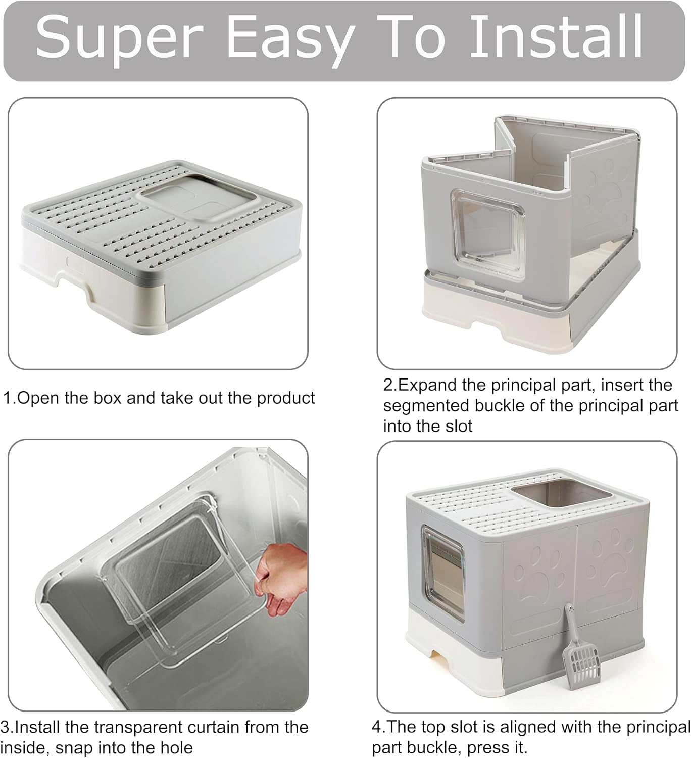 Foldable Cat Litter Box with Lid, Large Top Entry Anti-Splashing with Cat Litter Scoop, Enclosed Plastic Kitty Litter Box with Drawer Type Easy Clean Cat Litter Pan-Gray
