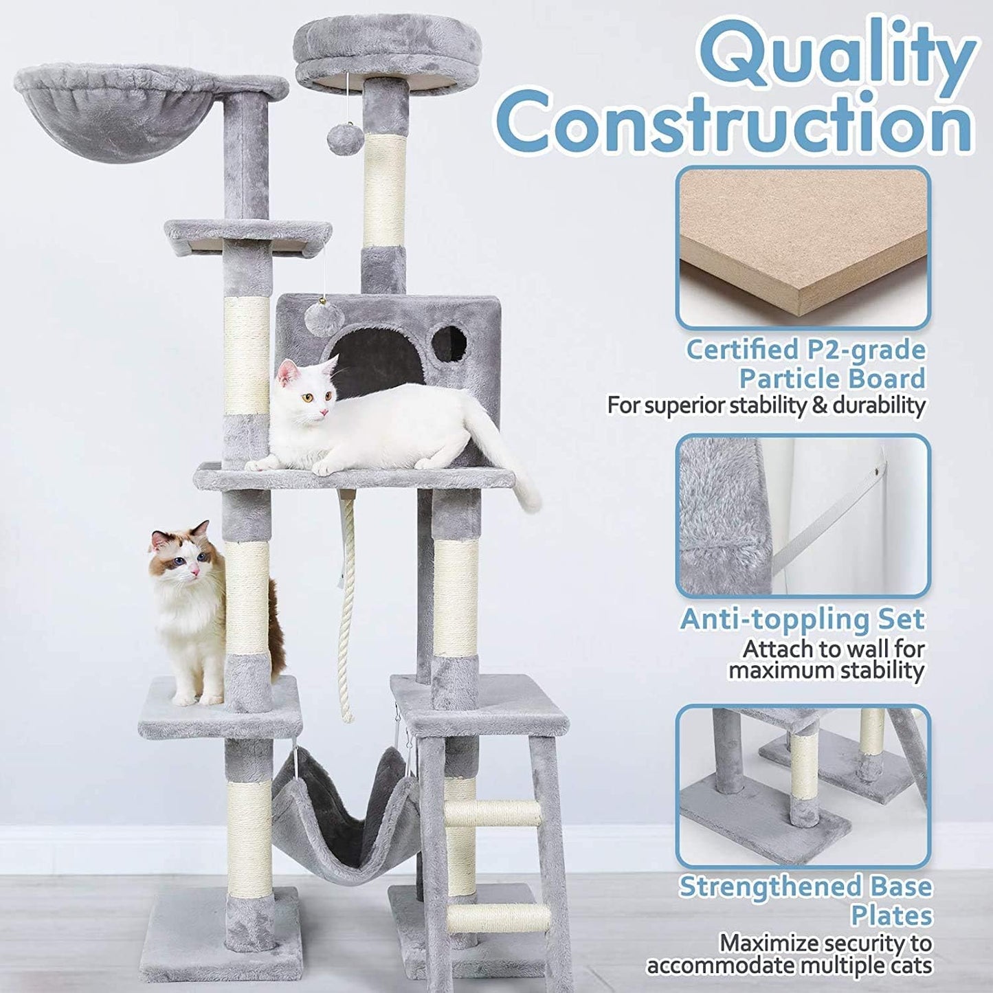 Cat Tree Cat Tower 61" for Indoor Cats, Multi-Level Cat Condo with Hammock & Scratching Posts for Kittens, Tall Cat Climbing Stand with Plush Perch & Toys for Play Rest, Light Grey
