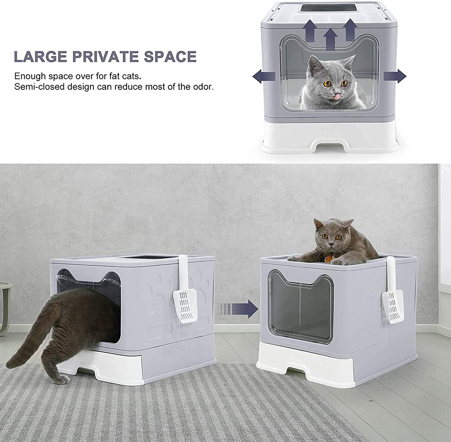 Large Cat Litter Box with Lid, Foldable Cat Litter Box With Cat Litter Scoop, Drawer Type Cat Litter Pan Easy to Scoop & Clean, Self Cleaning Cat Litter Box (Gray)