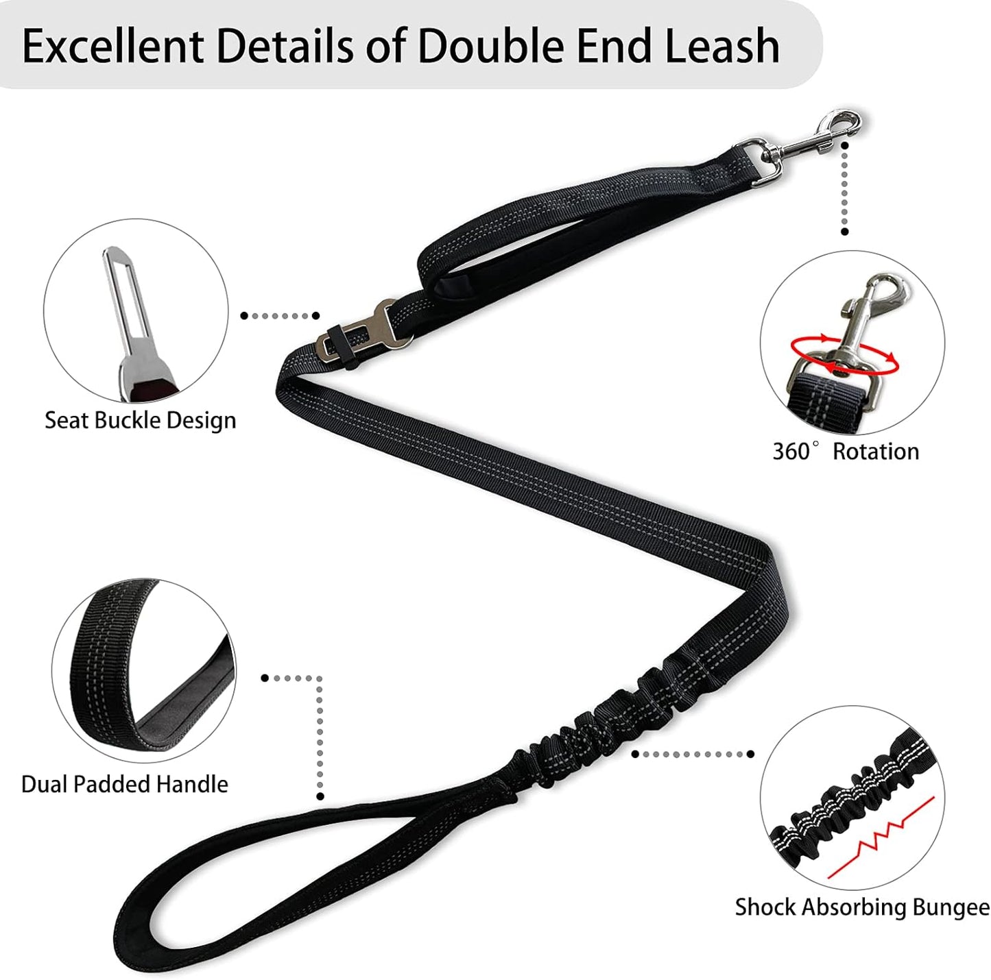 Double Dog Leash - Dual 360 No Tangle Two Dogs Leash for Small to Large Dogs - Adjustable, Tangle Free (Black)