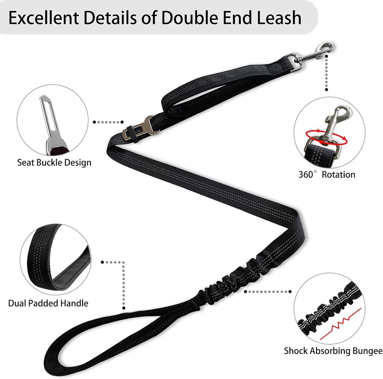 Double Dog Leash - Dual 360 No Tangle Two Dogs Leash for Small to Large Dogs - Adjustable, Tangle Free (Black)