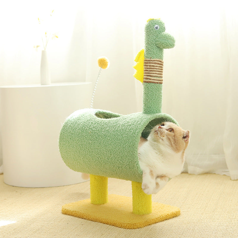 NNEDSZ Green Dinosaur-Theme Cat Tree with Tunnel - Multi-Functional Cat Scratching Post and Playhouse-0