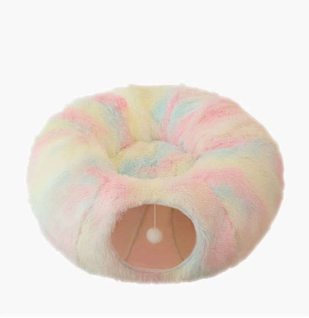 NNEDSZ Rainbow Luxury Plush Cat Bed with Hidden Tunnel - Soft Round Pet Bed for Cats and Small Dogs-0