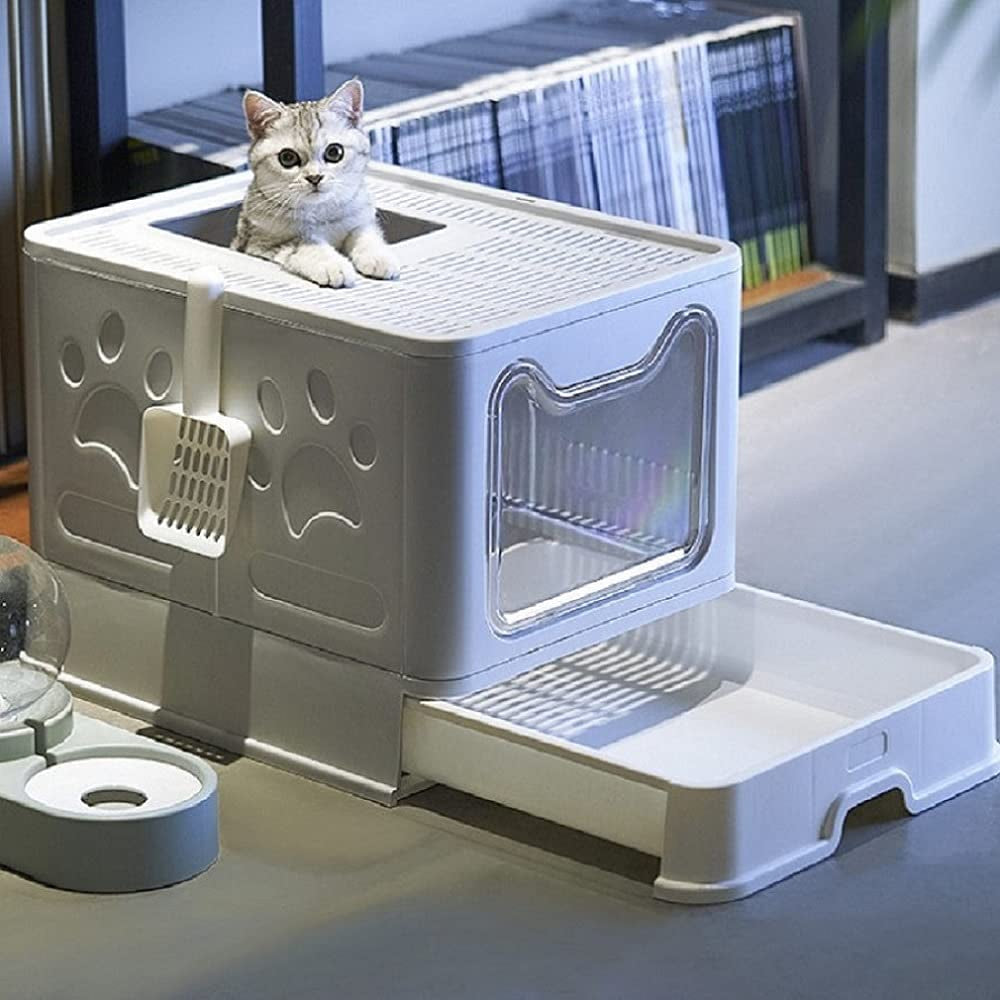 Large Cat Litter Box with Lid, Foldable Cat Litter Box With Cat Litter Scoop, Drawer Type Cat Litter Pan Easy to Scoop & Clean, Self Cleaning Cat Litter Box (Gray)