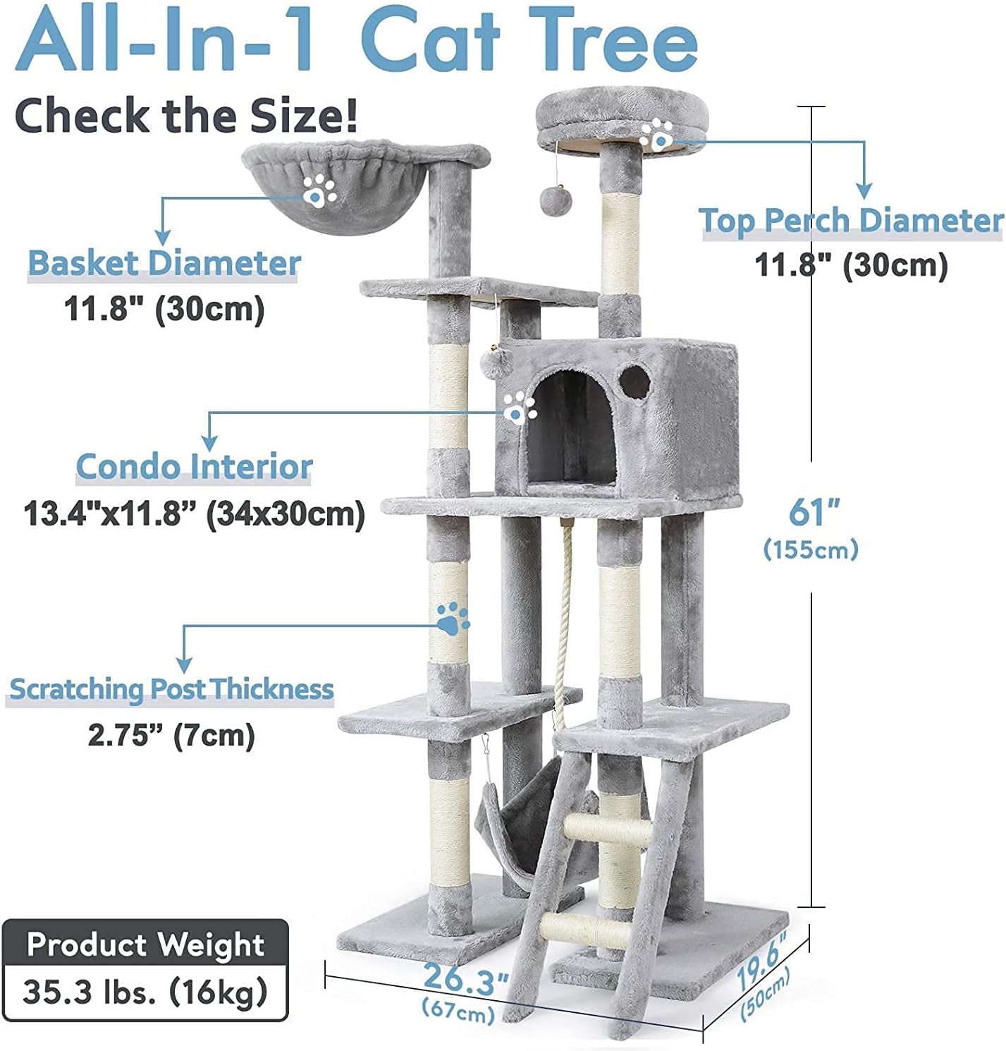 Cat Tree Cat Tower 61" for Indoor Cats, Multi-Level Cat Condo with Hammock & Scratching Posts for Kittens, Tall Cat Climbing Stand with Plush Perch & Toys for Play Rest, Light Grey