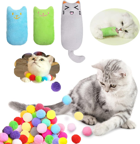 Christmas Cat Toys for Indoor Cats, 70Pcs Assorted Color Soft Cat Toy Balls and 3Pcs Cute Soft Cotton Stuffing Catnip Toy for Cat Kitten Having Fun Exerciser Playing