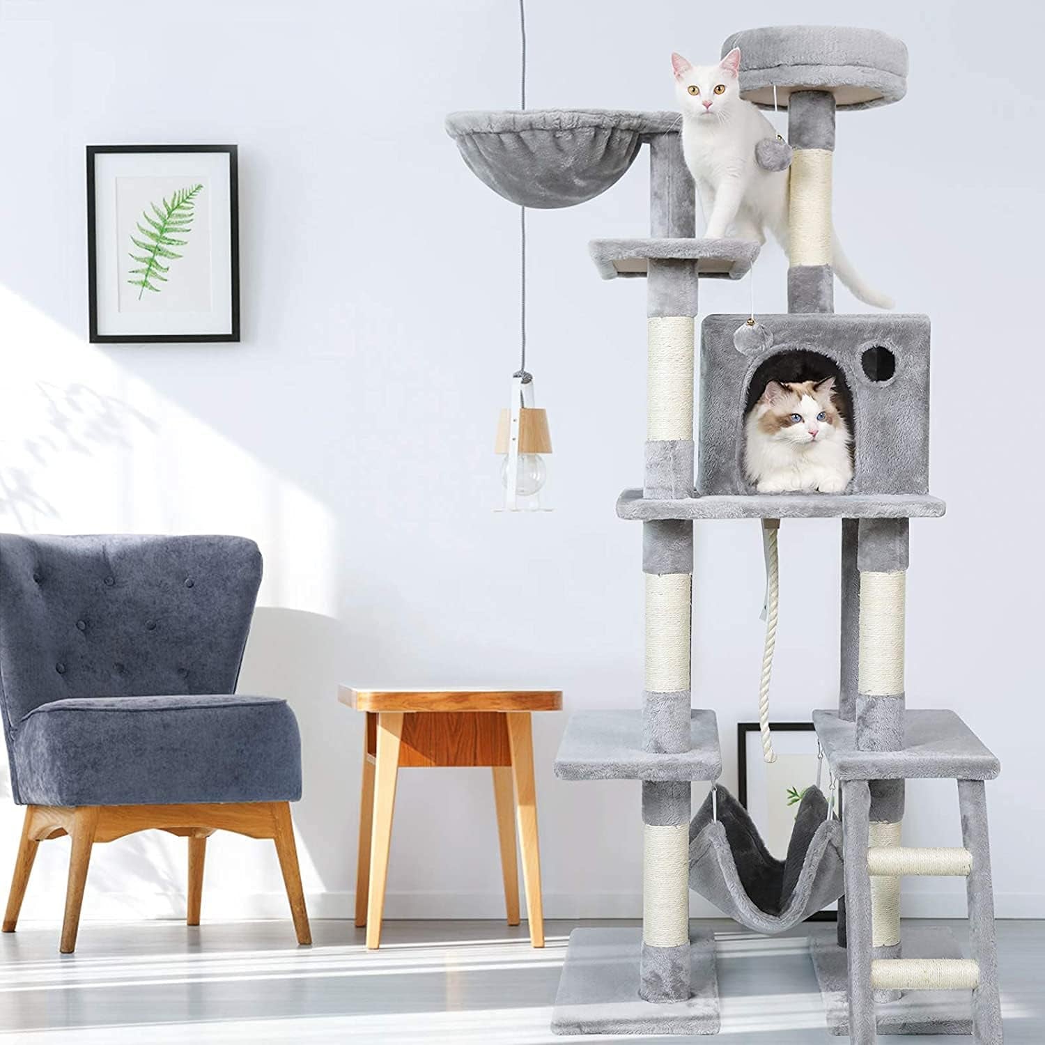 Cat Tree Cat Tower 61" for Indoor Cats, Multi-Level Cat Condo with Hammock & Scratching Posts for Kittens, Tall Cat Climbing Stand with Plush Perch & Toys for Play Rest, Light Grey