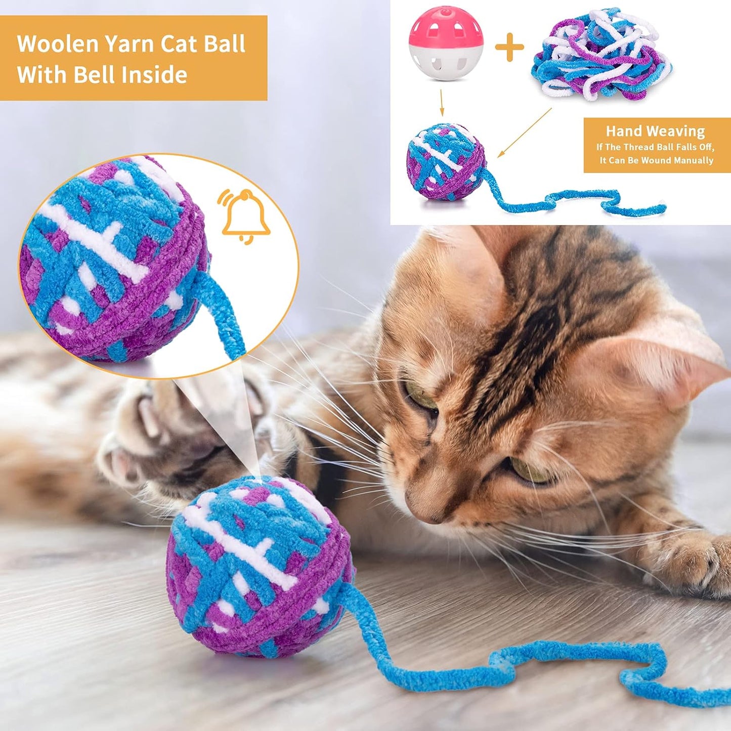 Cat Toy Balls, Woolen Yarn Cat Ball with Bell Inside,Indoor Interactive Cat Chew Toys for Kittens, 6 Pack