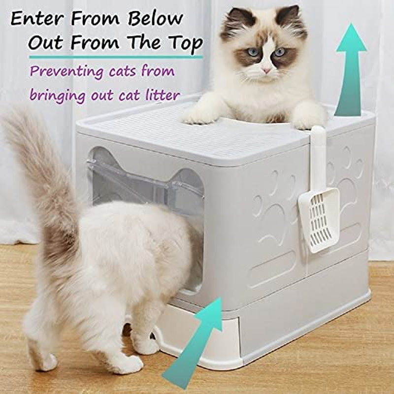 Large Cat Litter Box with Lid, Foldable Cat Litter Box With Cat Litter Scoop, Drawer Type Cat Litter Pan Easy to Scoop & Clean, Self Cleaning Cat Litter Box (Gray)