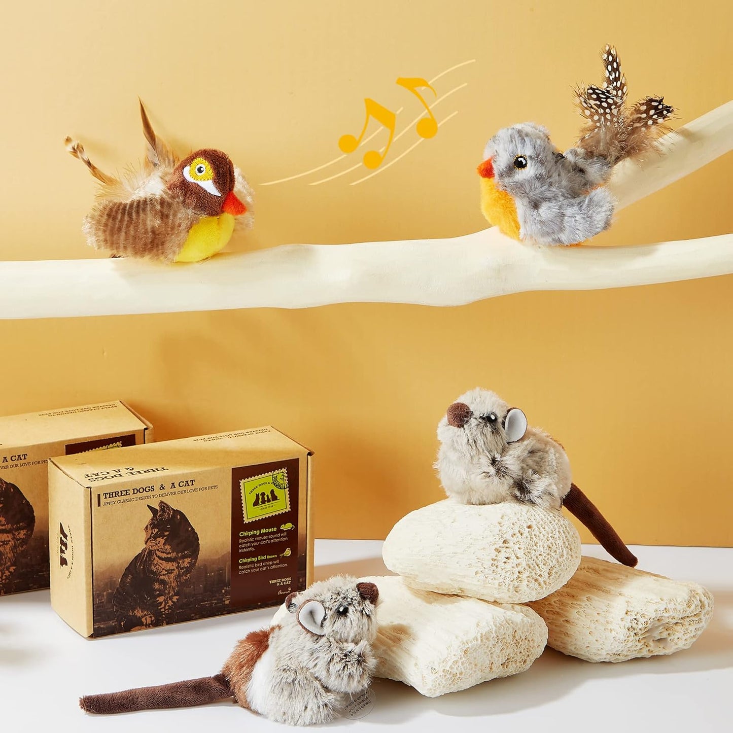 2 Pack Cat Toys Interactive for Indoor Cats Feather Squeaky Bird & Mouse Kitten Plush Toys, Three Dogs & a Cat Melody Chaser Motion Activated Kitty Toys with Bird Chirping