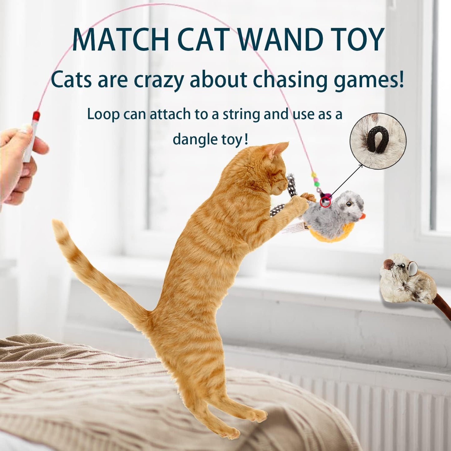 2 Pack Cat Toys Interactive for Indoor Cats Feather Squeaky Bird & Mouse Kitten Plush Toys, Three Dogs & a Cat Melody Chaser Motion Activated Kitty Toys with Bird Chirping