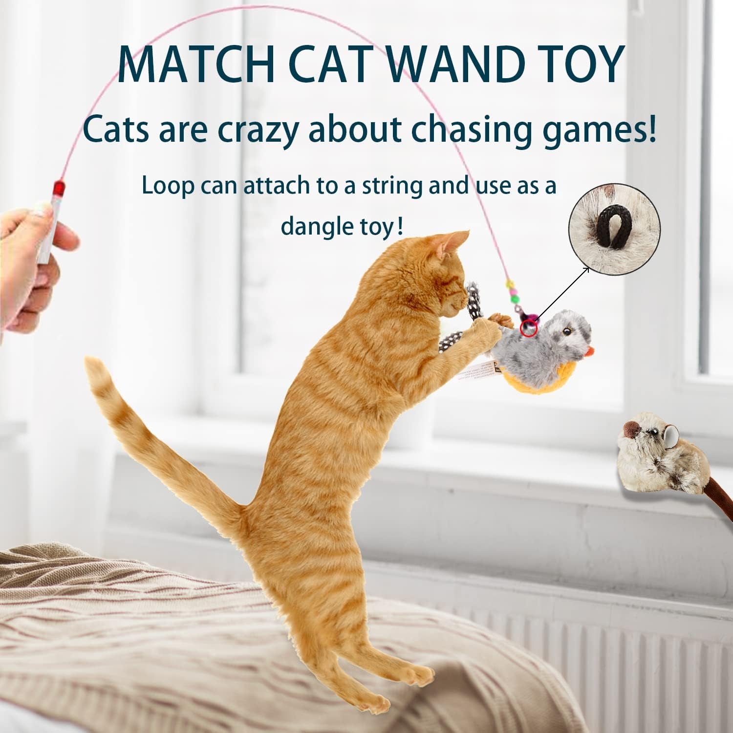 2 Pack Cat Toys Interactive for Indoor Cats Feather Squeaky Bird & Mouse Kitten Plush Toys, Three Dogs & a Cat Melody Chaser Motion Activated Kitty Toys with Bird Chirping