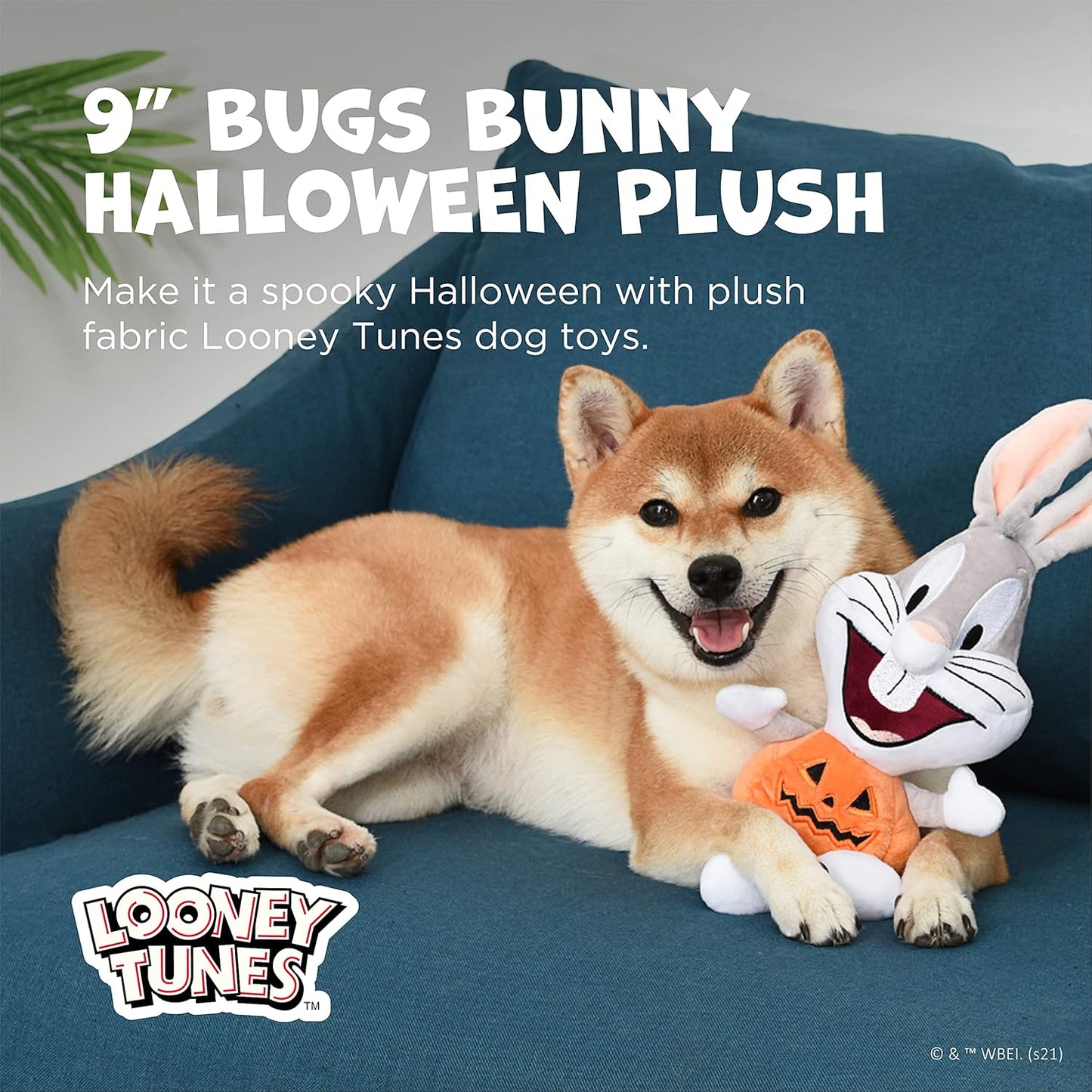 Bugs Bunny Halloween Big Head Pumpkin Plush Dog Toy | Medium Squeaky Dog Chew Toy, 9 Inch, (FF16973)