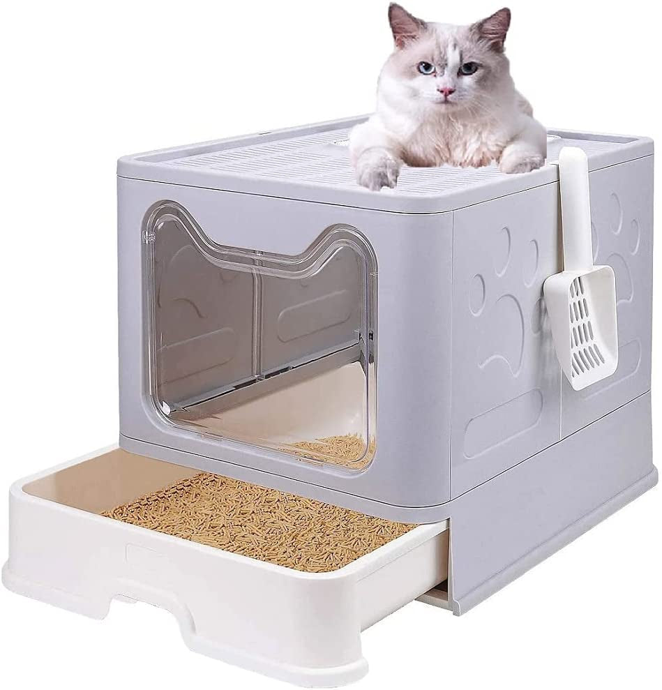 Large Cat Litter Box with Lid, Foldable Cat Litter Box With Cat Litter Scoop, Drawer Type Cat Litter Pan Easy to Scoop & Clean, Self Cleaning Cat Litter Box (Gray)