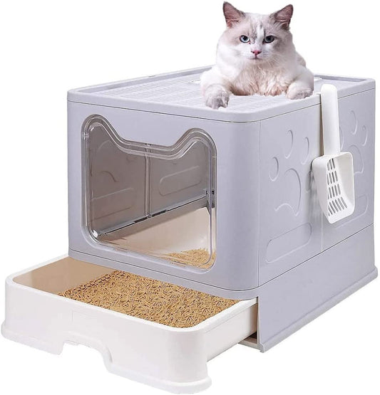 Large Cat Litter Box with Lid, Foldable Cat Litter Box With Cat Litter Scoop, Drawer Type Cat Litter Pan Easy to Scoop & Clean, Self Cleaning Cat Litter Box (Gray)